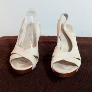 UGG Women's Hazel II Beige Suede Slingback Stacked Wood Wedge Heel Sandal 10